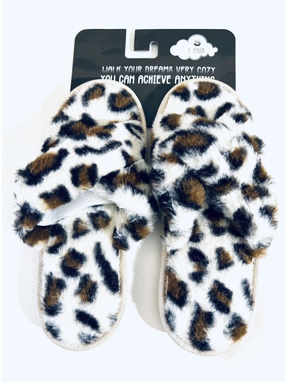 Women’s Leopard Print Faux Fur Crossband Slide Slippers Size S New With Tags